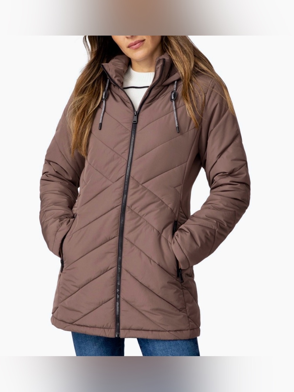Free Country Women’s Medium Mocha Hybrid Chevron Hooded Puffer Jacket NWT